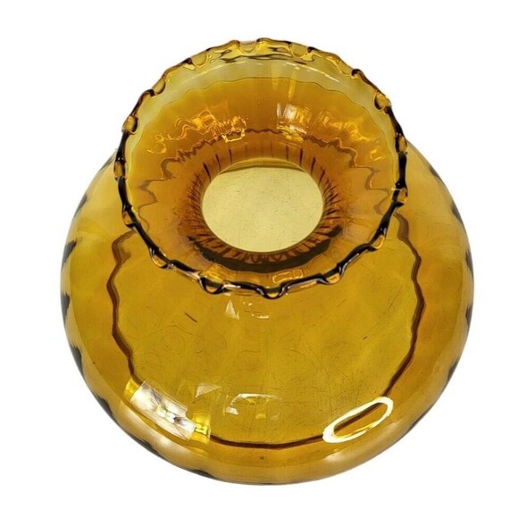 Vintage MCM Amber Ribbed Glass Empoli Ruffled Edge Hurricane Parlor Lampshade - Picture 4 of 11